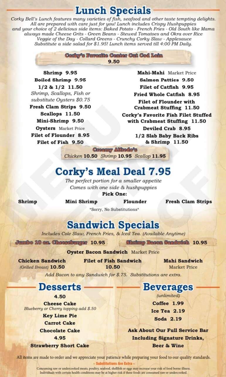 Corky Bell's Seafood - Gator Landing - Palatka, FL menu_pic