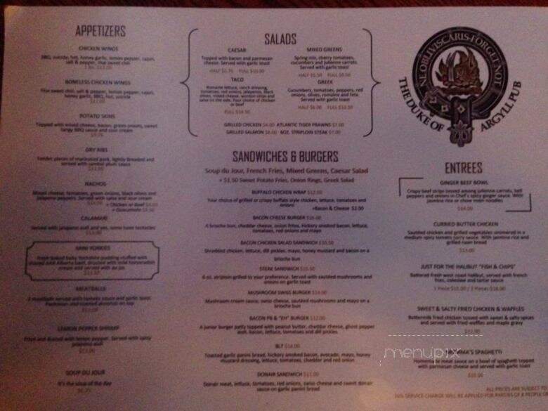 The Duke of Argyll Pub - Edmonton, AB menu_pic