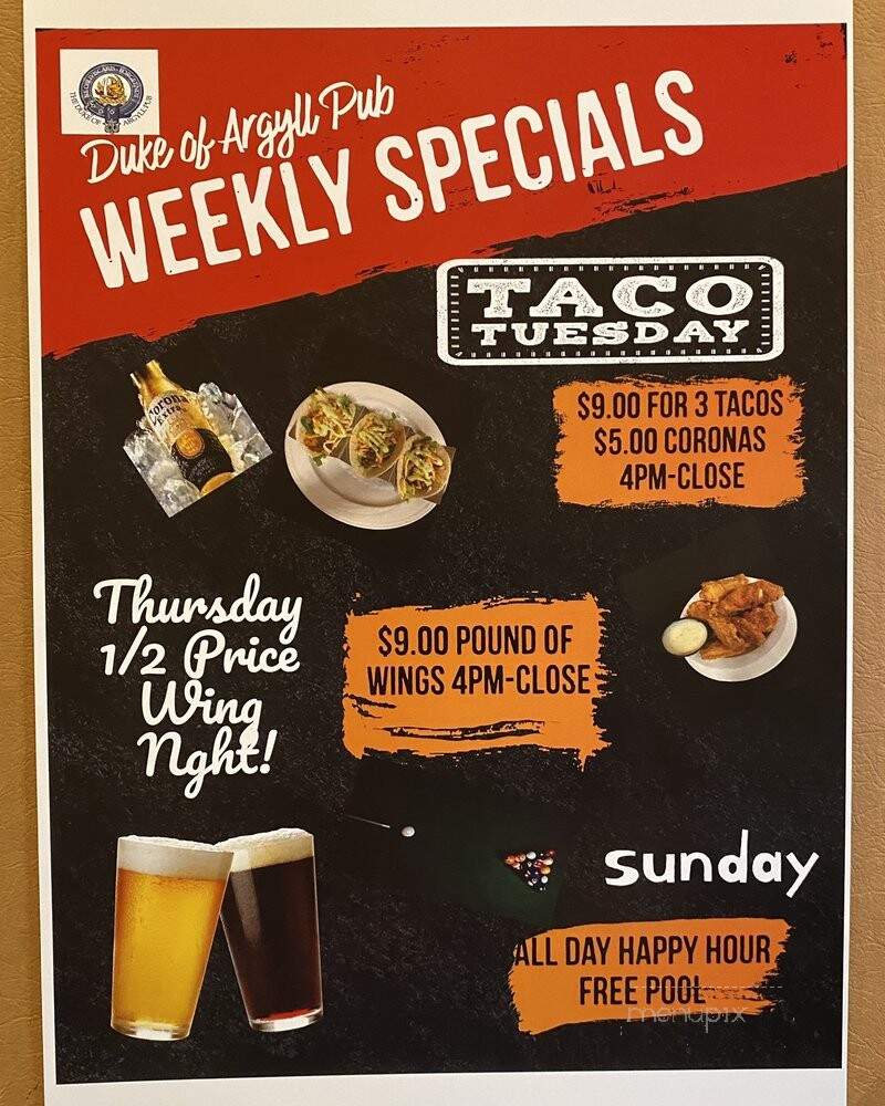 The Duke of Argyll Pub - Edmonton, AB menu_pic