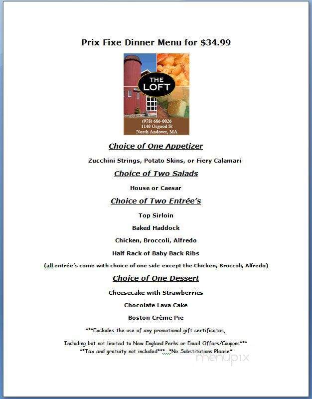 Loft Restaurant - North Andover, MA menu_pic
