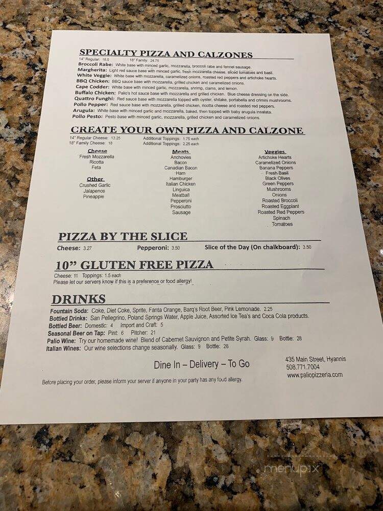 Palio Pizzeria - Hyannis, MA menu_pic