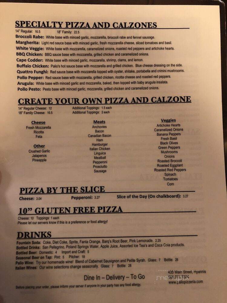 Palio Pizzeria - Hyannis, MA menu_pic