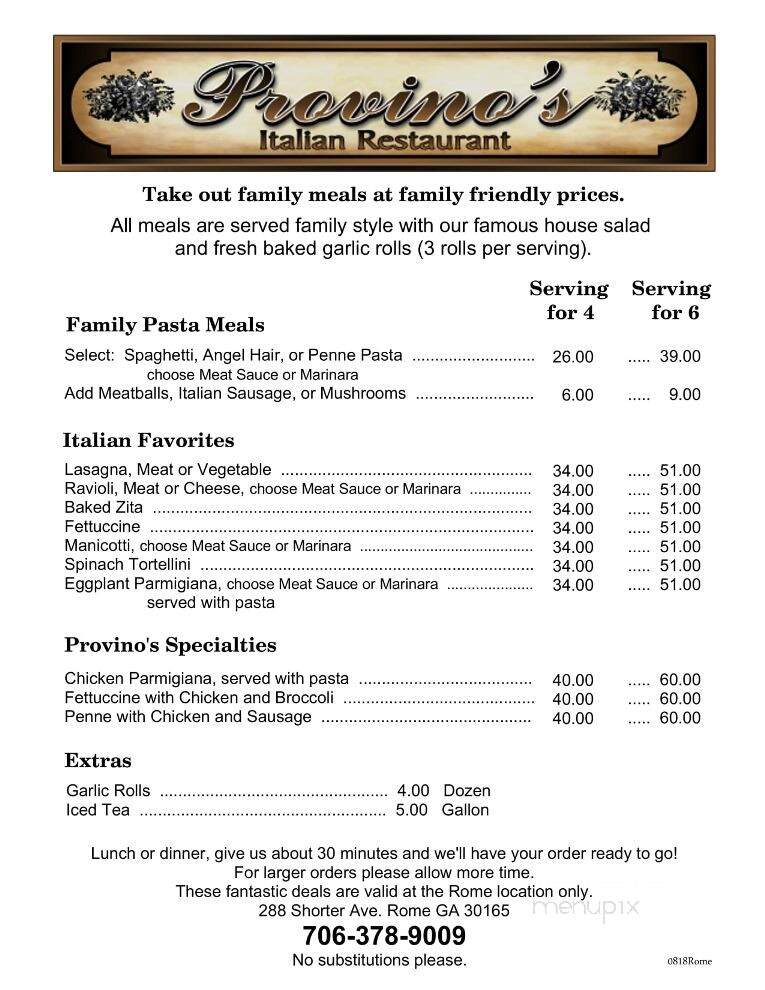 Provino's Italian Restaurant - Rome, GA menu_pic