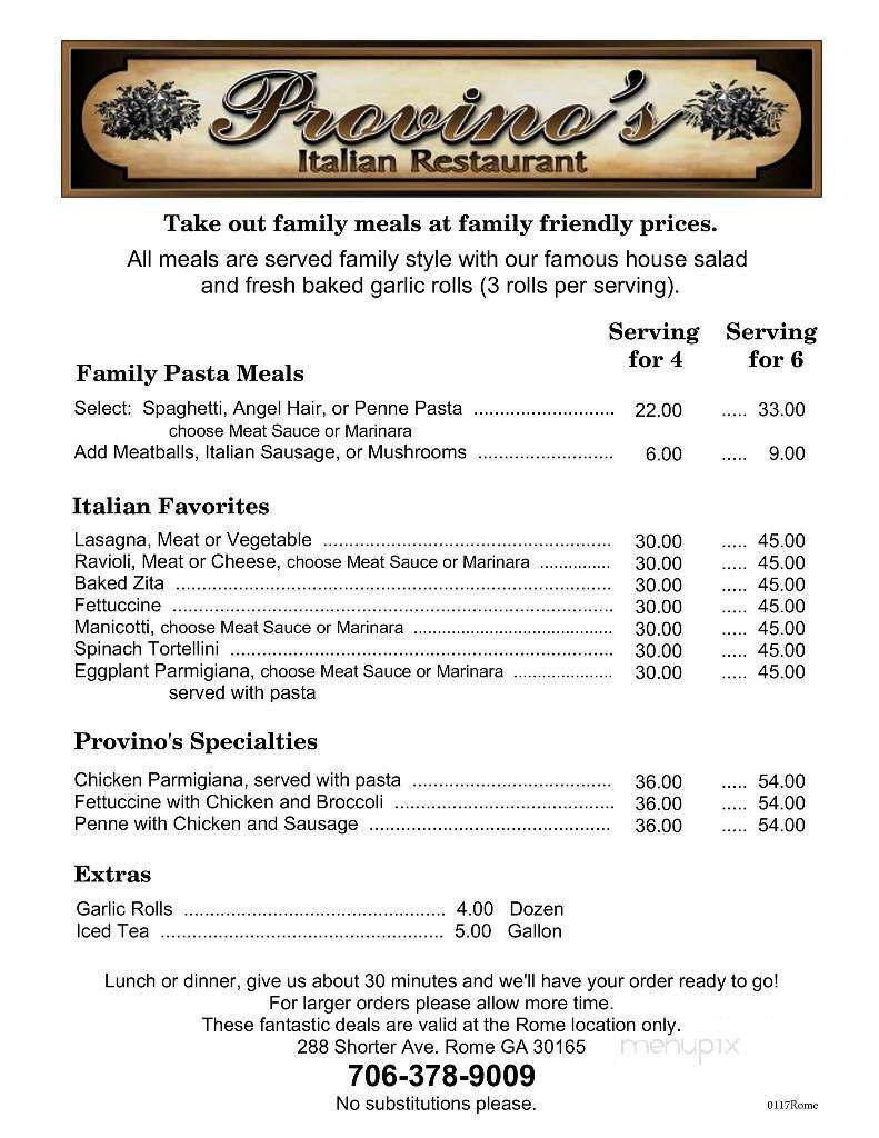 Provino's Italian Restaurant - Rome, GA menu_pic