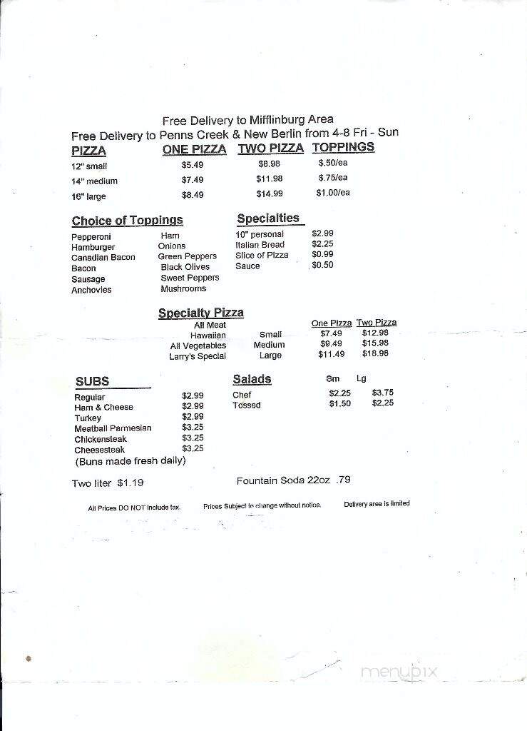 Larry's Pizza & Subs - Mifflinburg, PA menu_pic