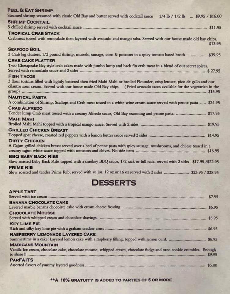 Madigan's Waterfront - Occoquan, VA menu_pic