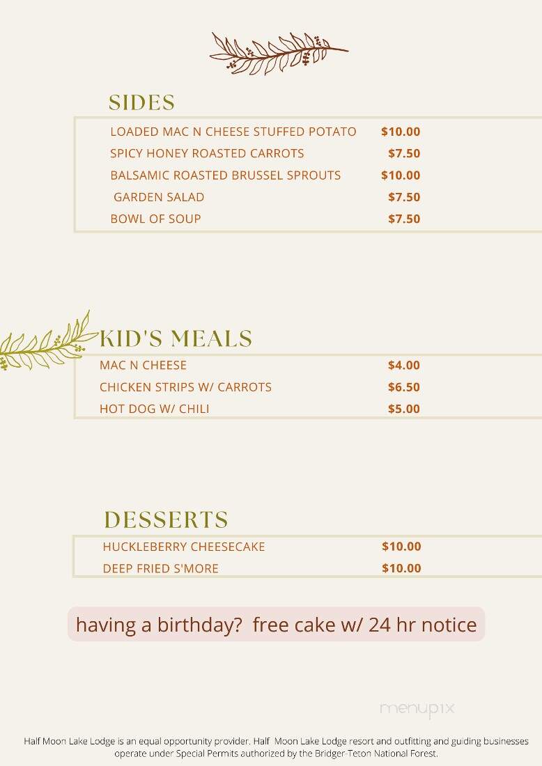 Half Moon Lake Lodge Restaurant - Pinedale, WY menu_pic