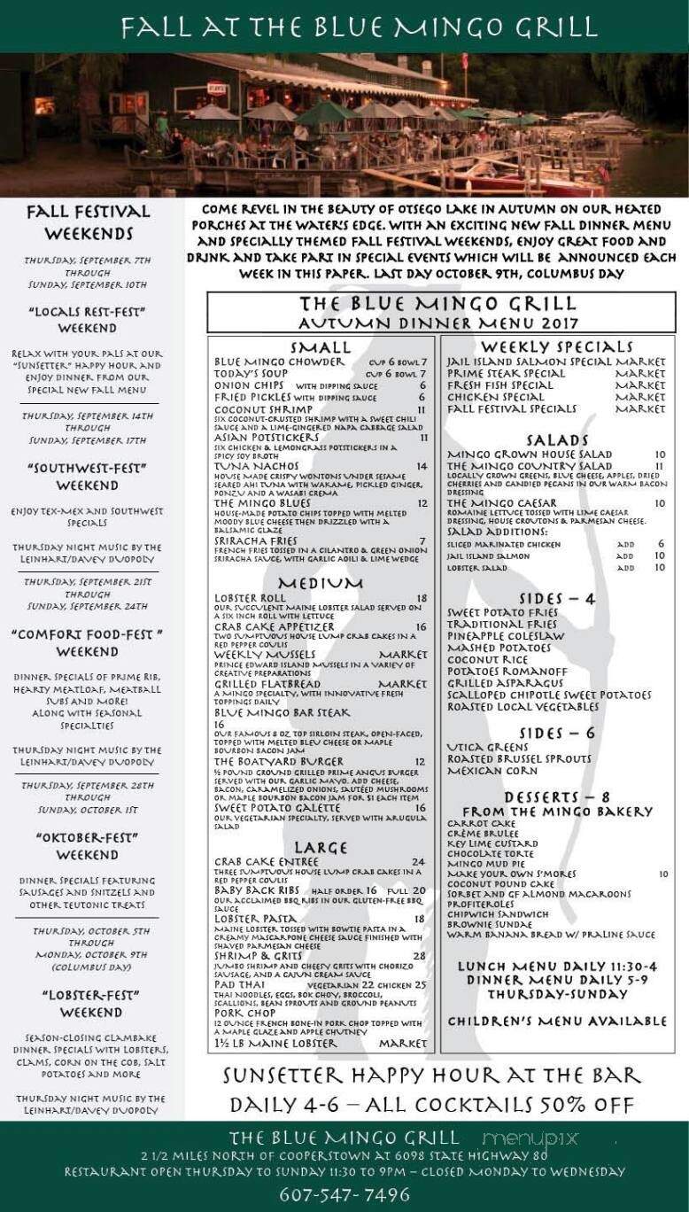 Blue Mingo Grill - Cooperstown, NY menu_pic