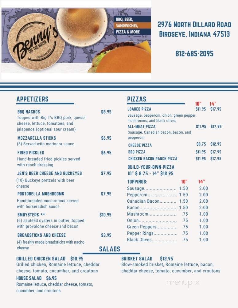 Bennie's off the Water - Birdseye, IN menu_pic