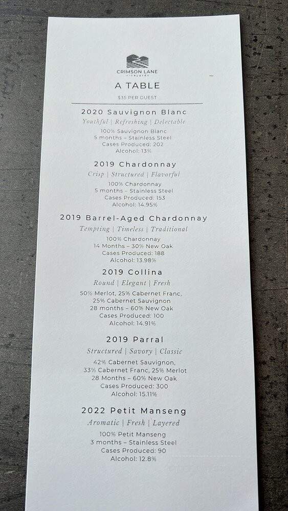 Crimson Lane Vineyards - Linden, VA menu_pic