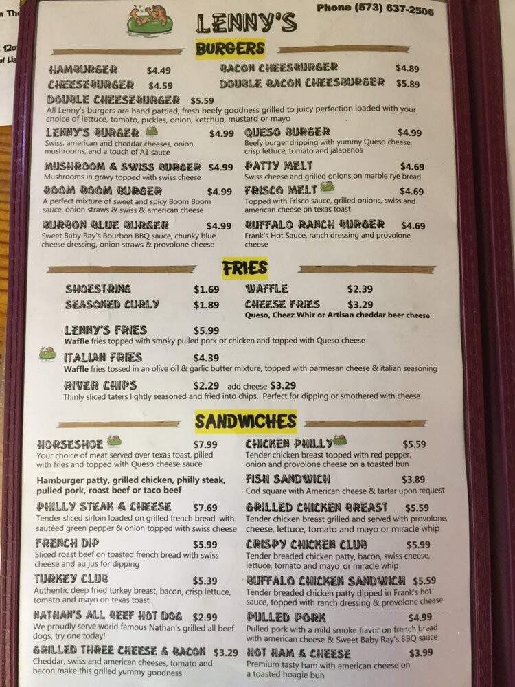 Lenny's - Lesterville, MO menu_pic