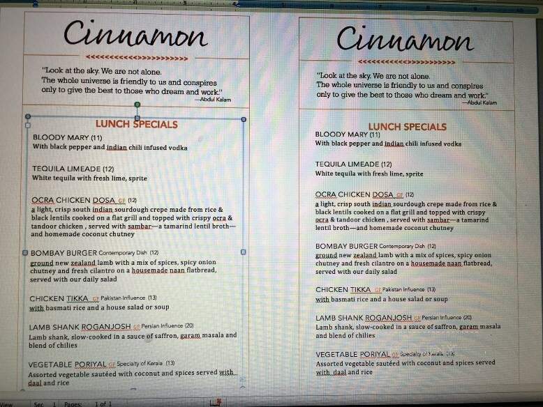 Cinnamon Indian Cuisine - Rhinebeck, NY menu_pic
