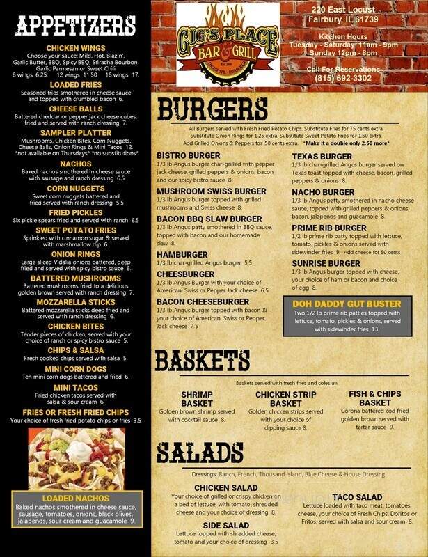Gig's Place - Fairbury, IL menu_pic
