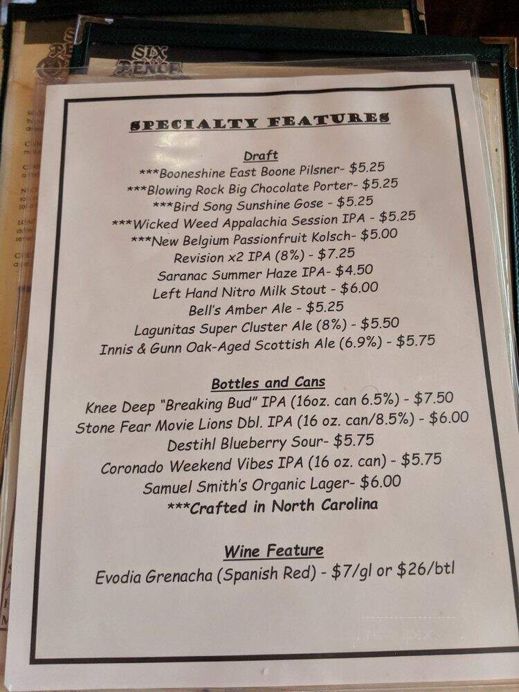 Six Pence Pub - Blowing Rock, NC menu_pic