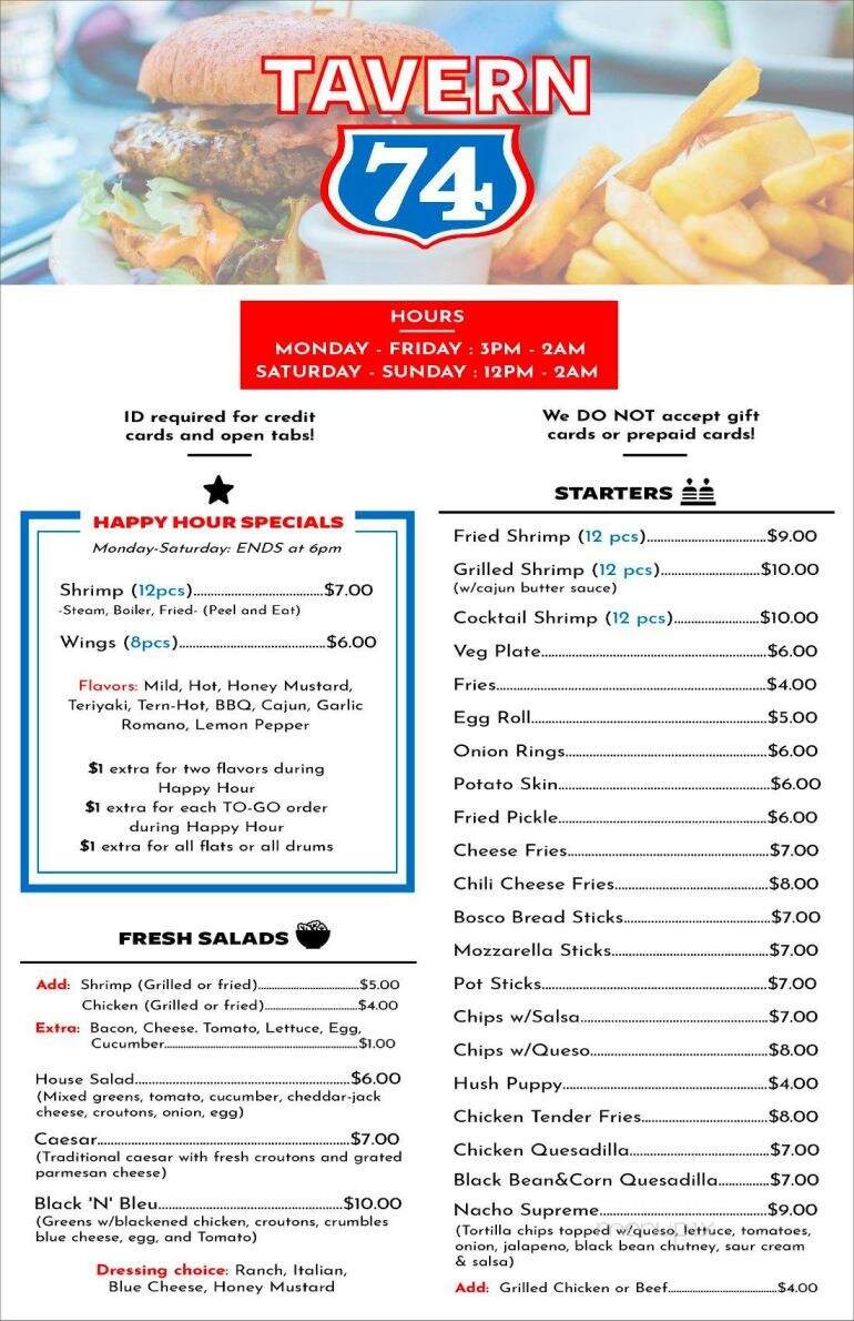 Tavern 74 - Monroe, NC menu_pic