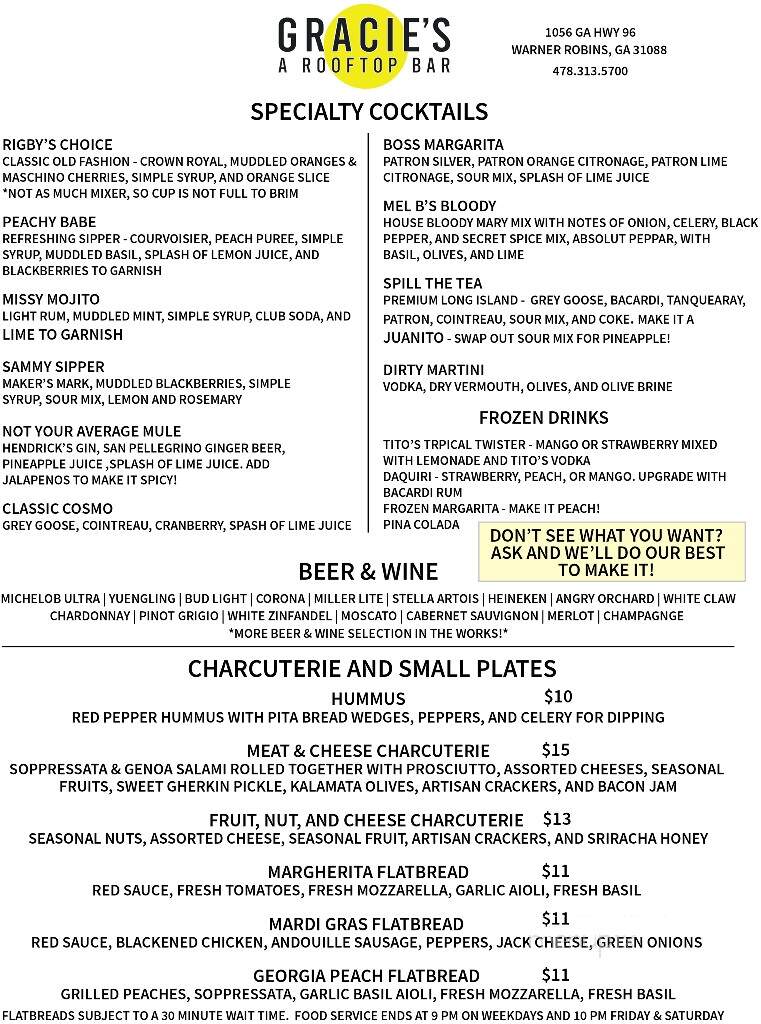 Gracie's: A Rooftop Bar - Warner Robins, GA menu_pic