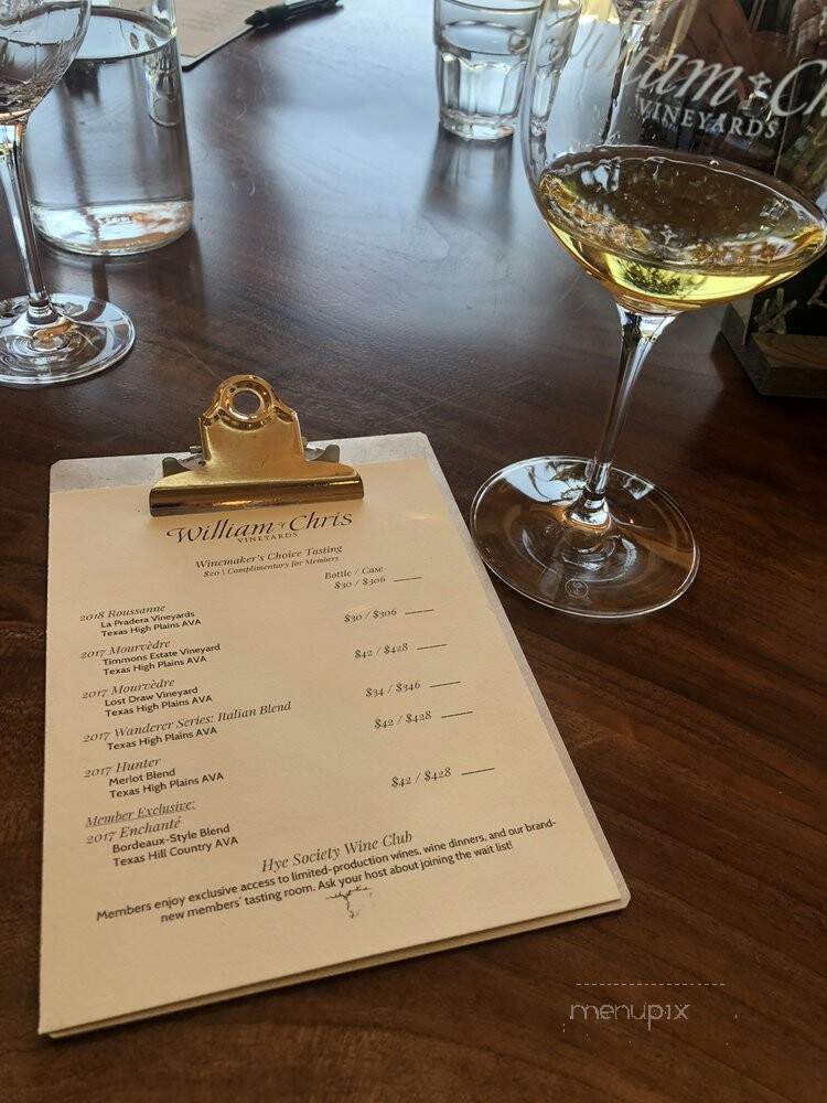 William Chris Vineyards - Hye, TX menu_pic