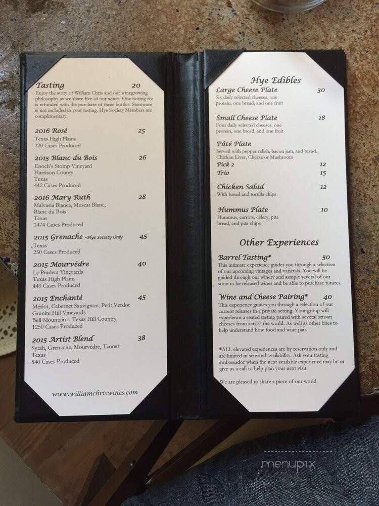 William Chris Vineyards - Hye, TX menu_pic