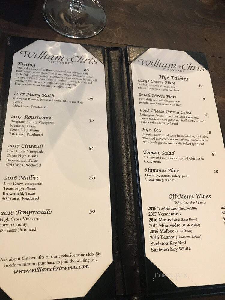 William Chris Vineyards - Hye, TX menu_pic