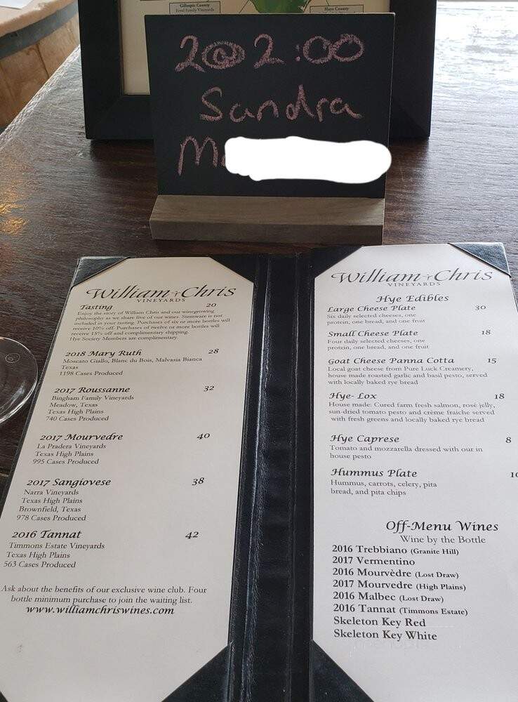 William Chris Vineyards - Hye, TX menu_pic