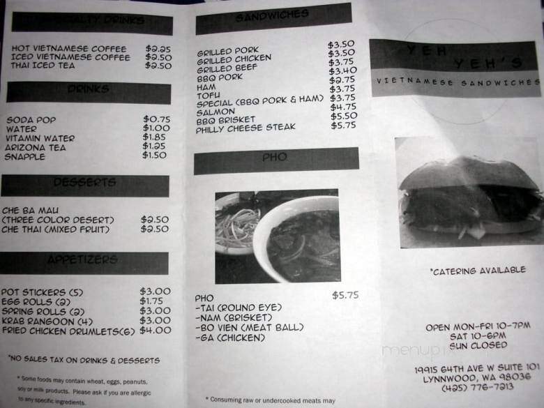 Yeh Yeh's Sandwiches - Lynnwood, WA menu_pic