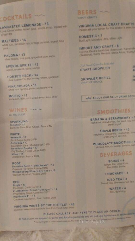Fish Hawk Oyster Bar - Irvington, VA menu_pic