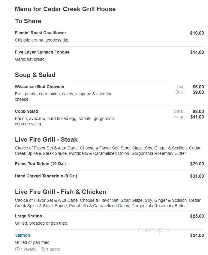 Cedar Creek Grill House - Rothschild, WI menu_pic