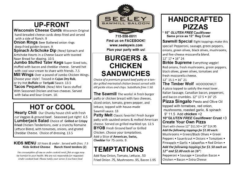 Sawmill Saloon - Hayward, WI menu_pic