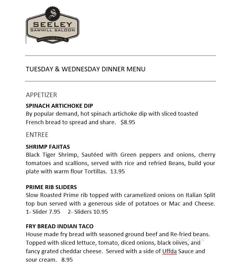 Sawmill Saloon - Hayward, WI menu_pic