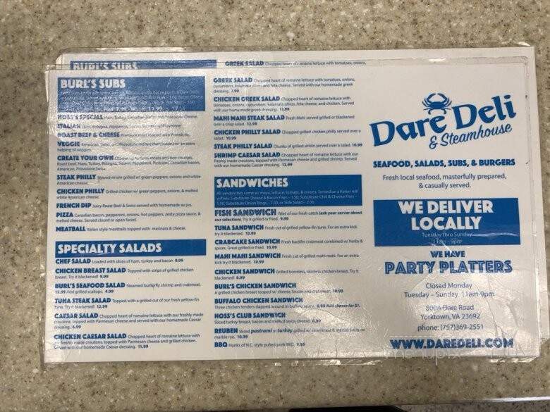 Dare Deli & Steamhouse - Yorktown, VA menu_pic