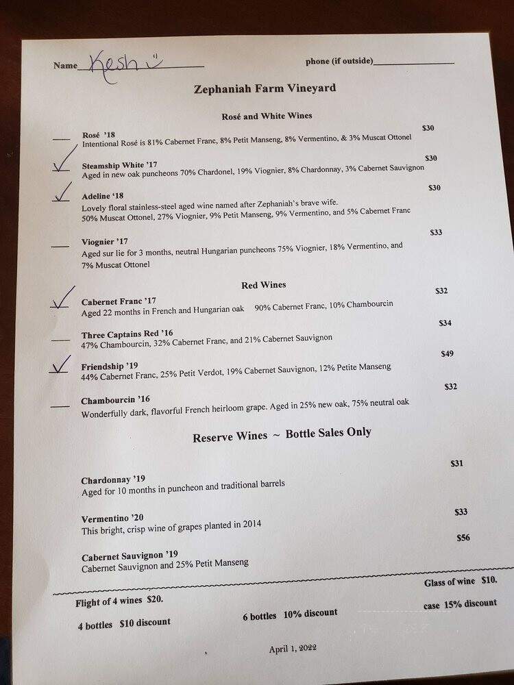 Zephaniah Farm Vineyard - Leesburg, VA menu_pic