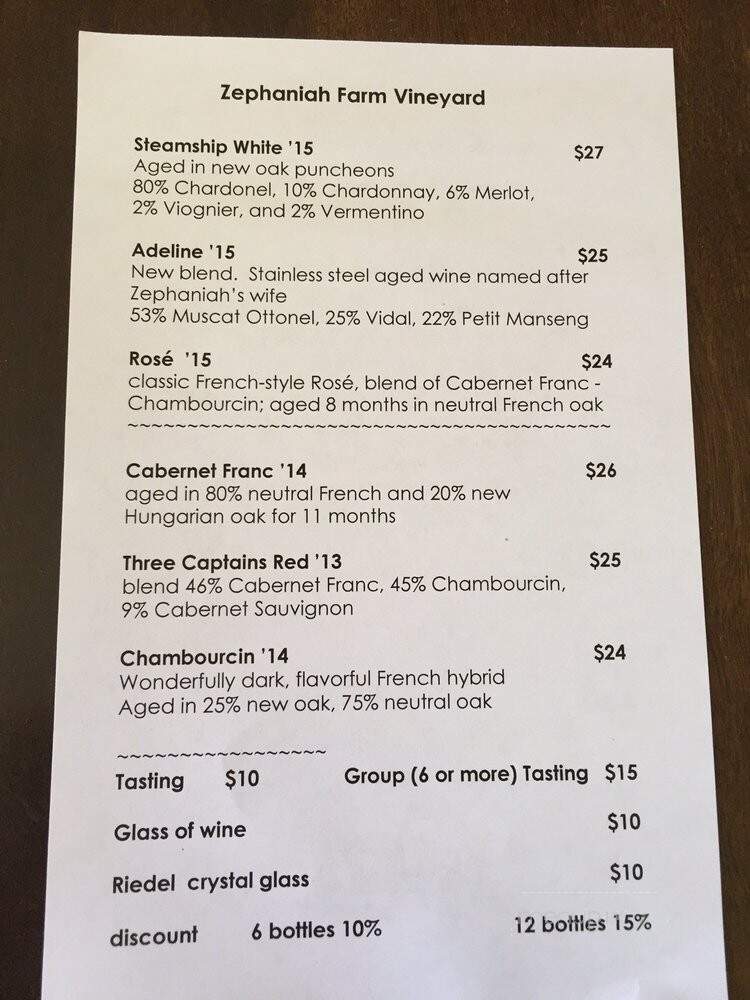 Zephaniah Farm Vineyard - Leesburg, VA menu_pic