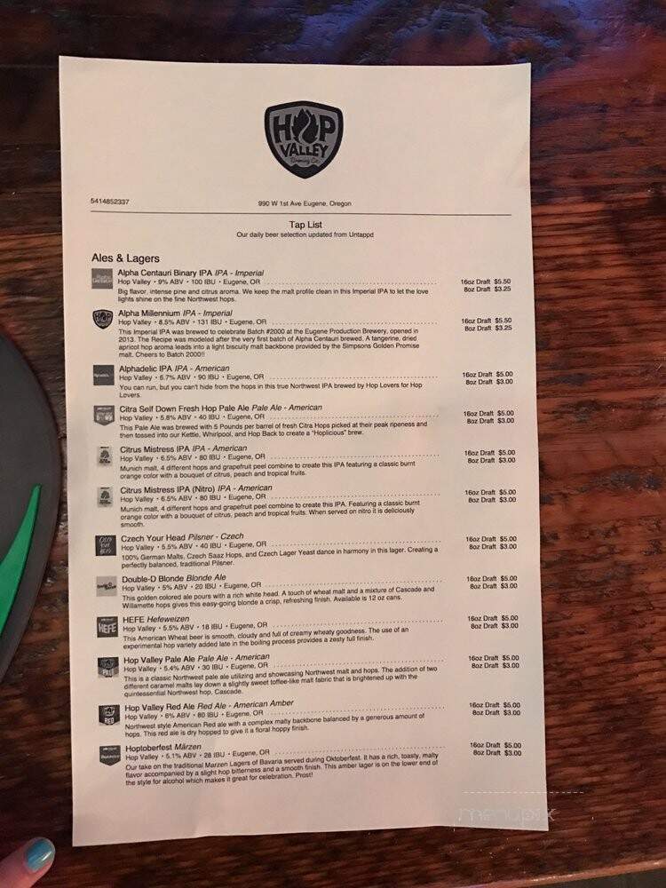 Hop Valley Brewing Co. - Eugene, OR menu_pic