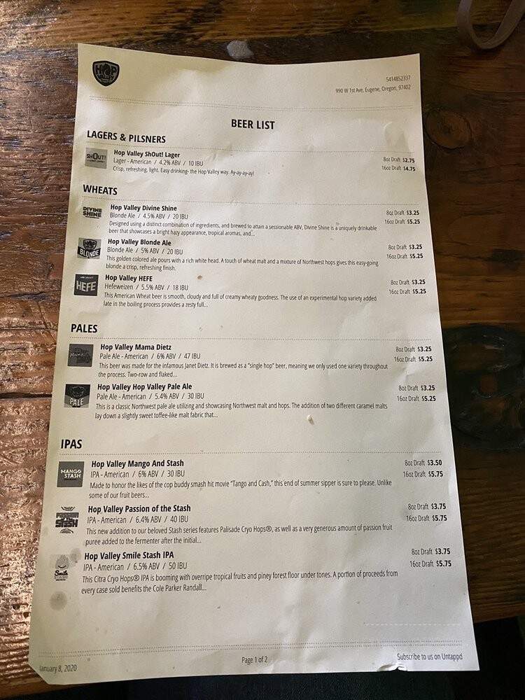 Hop Valley Brewing Co. - Eugene, OR menu_pic