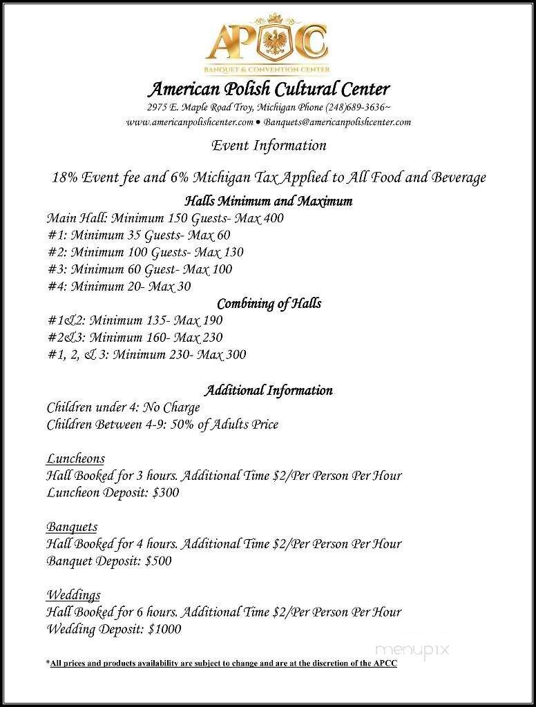 American Polish Cultural Center - Troy, MI menu_pic