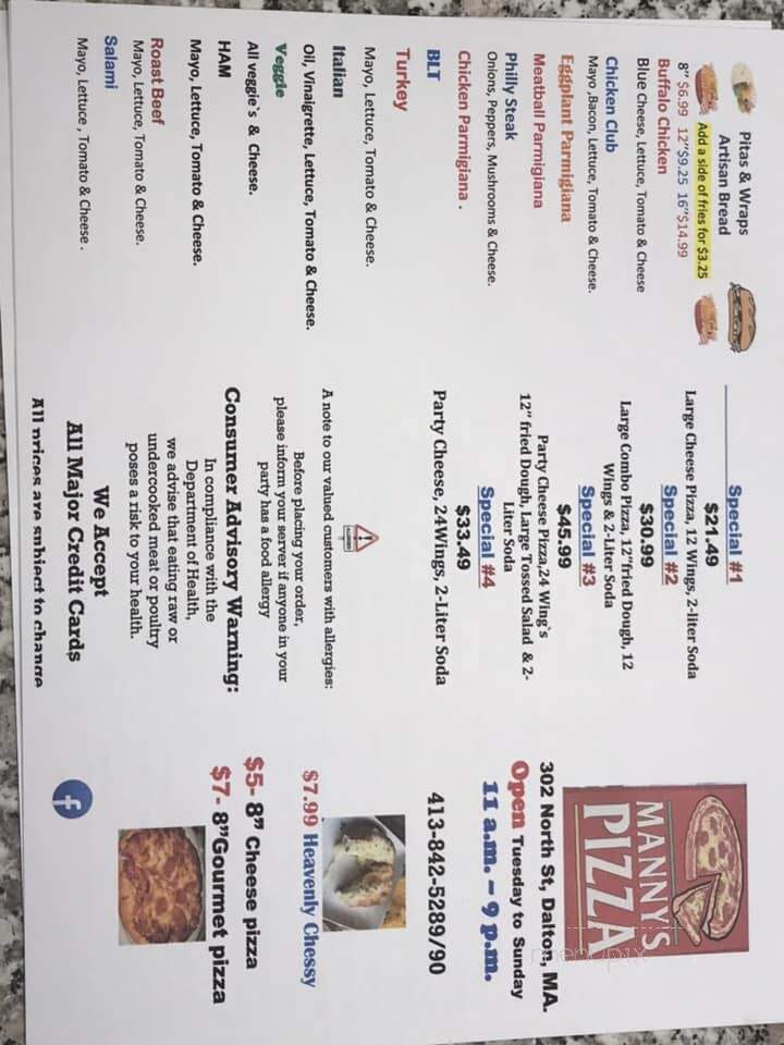 Manny's Pizza - Dalton, MA menu_pic