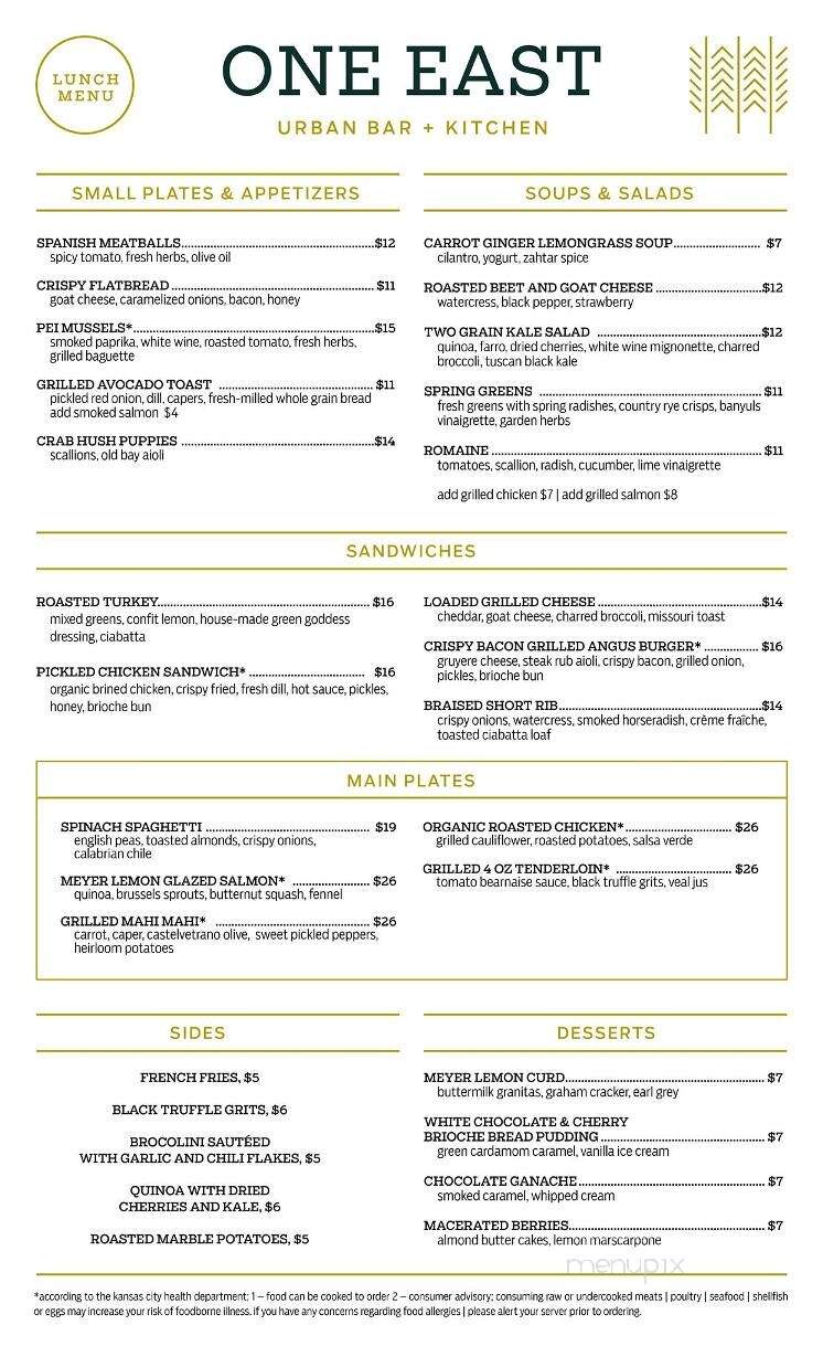 One East Urban Bar + Kitchen - Kansas City, MO menu_pic
