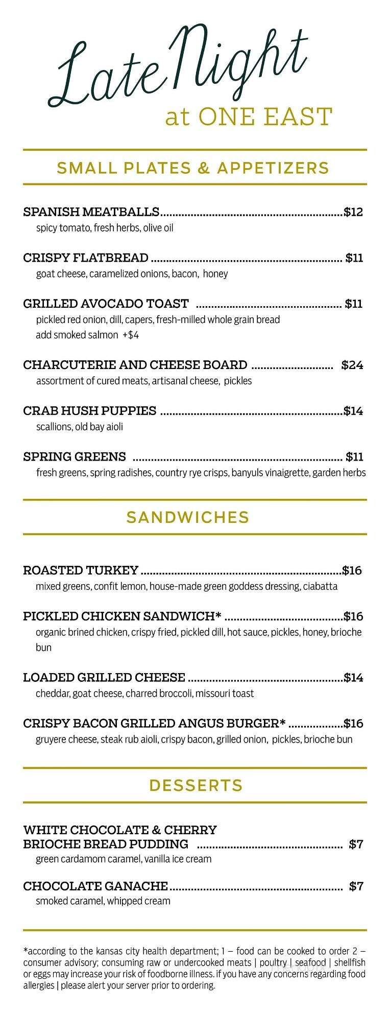 One East Urban Bar + Kitchen - Kansas City, MO menu_pic