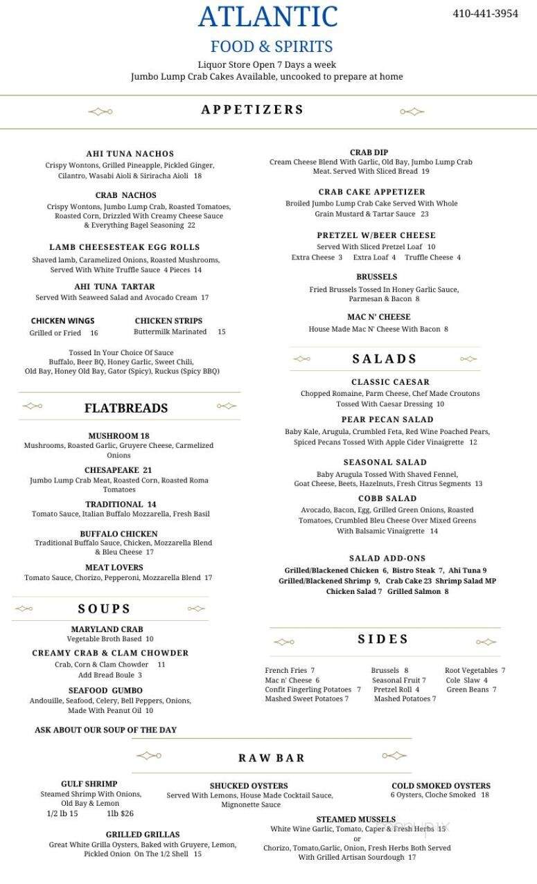 Atlantic Food and Spirits - Catonsville, MD menu_pic