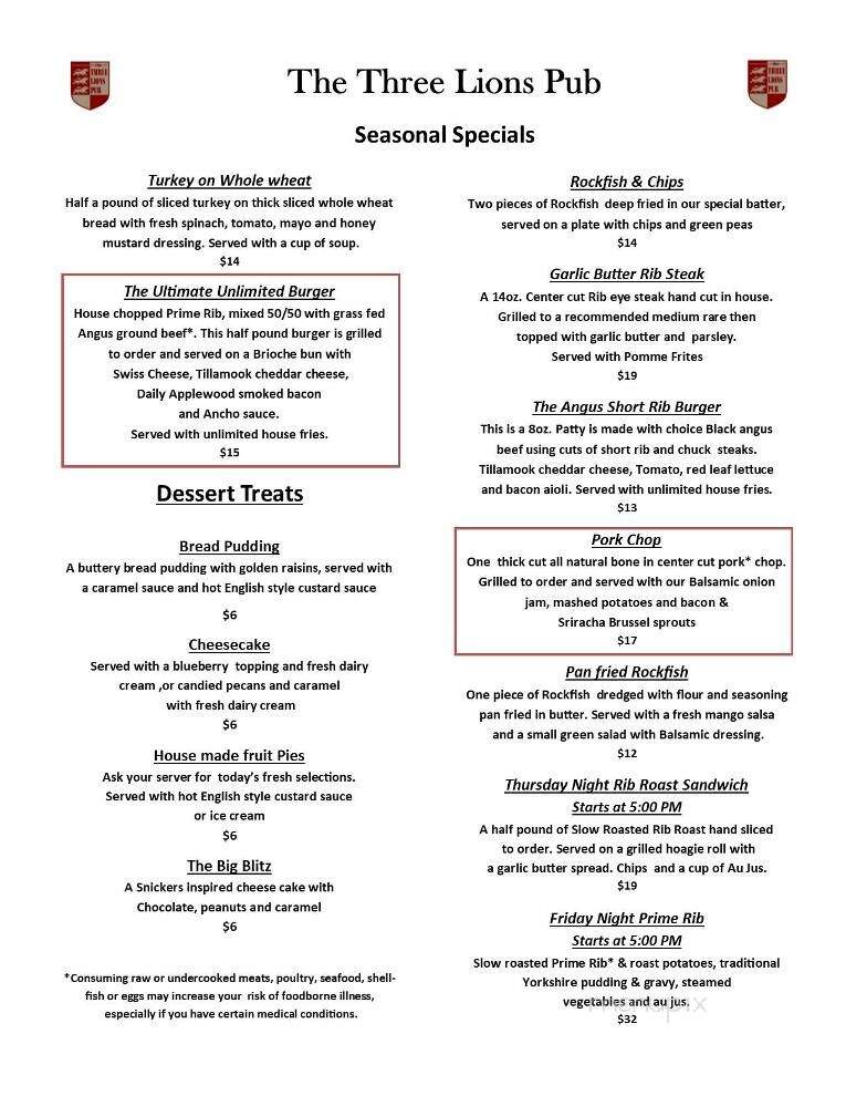 Three Lions Pub at the British Pantry Ltd. - Redmond, WA menu_pic