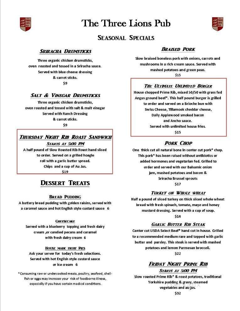 Three Lions Pub at the British Pantry Ltd. - Redmond, WA menu_pic