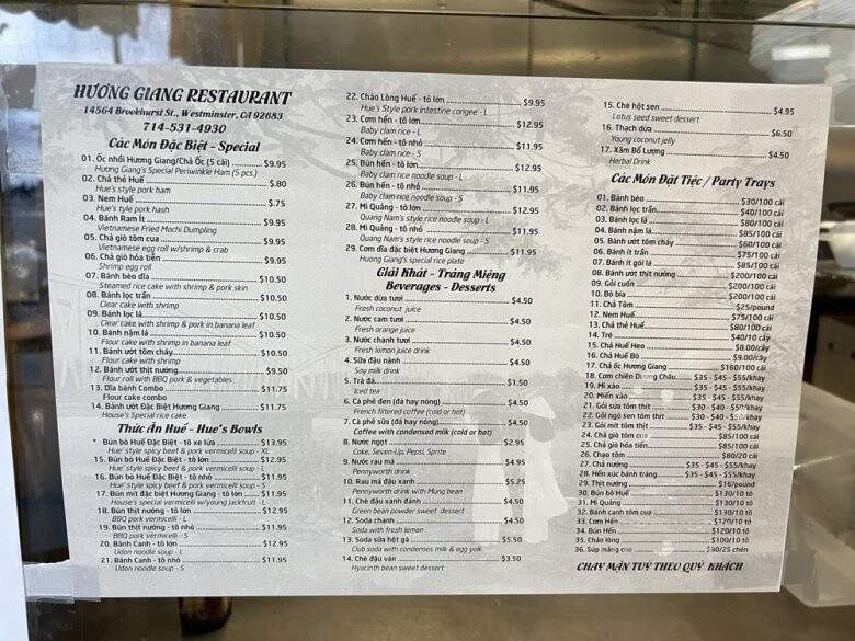 Huong Giang Restaurant - Westminster, CA menu_pic