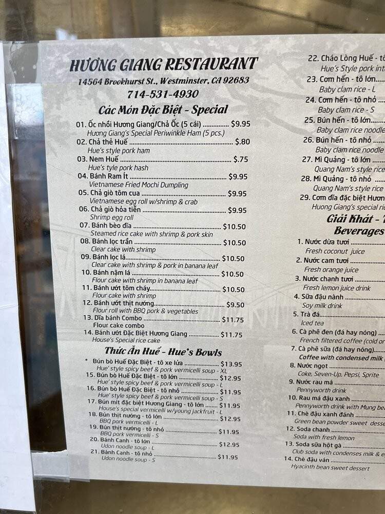 Huong Giang Restaurant - Westminster, CA menu_pic