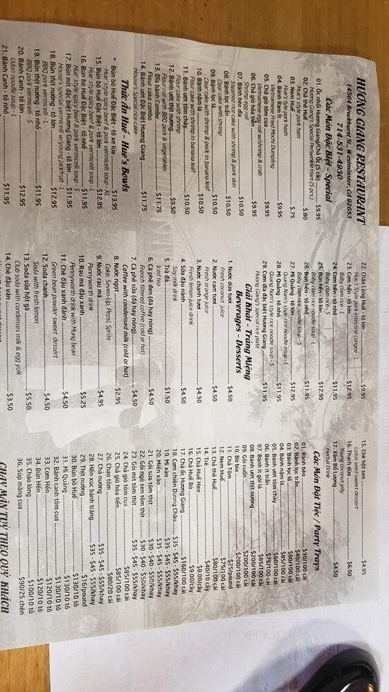 Huong Giang Restaurant - Westminster, CA menu_pic