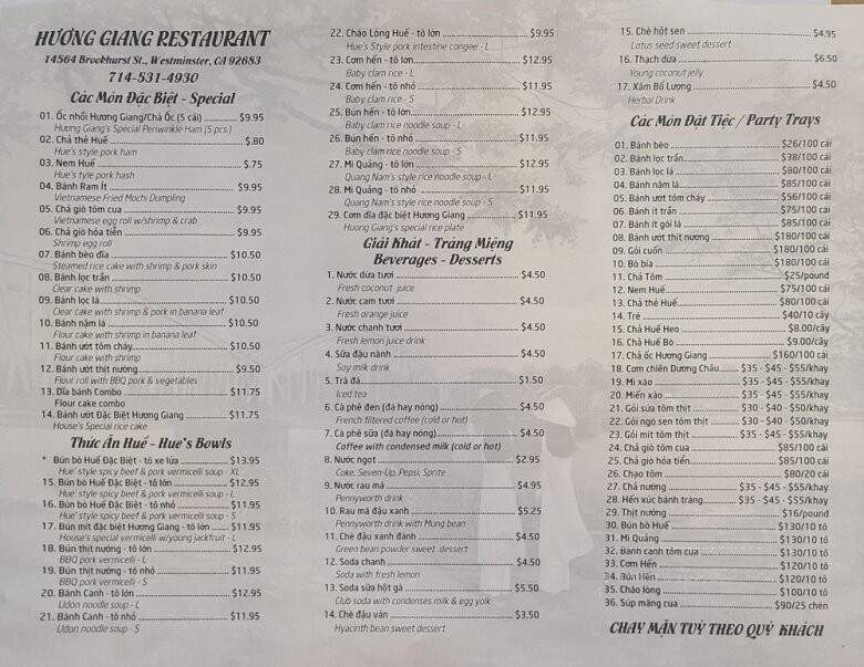 Huong Giang Restaurant - Westminster, CA menu_pic
