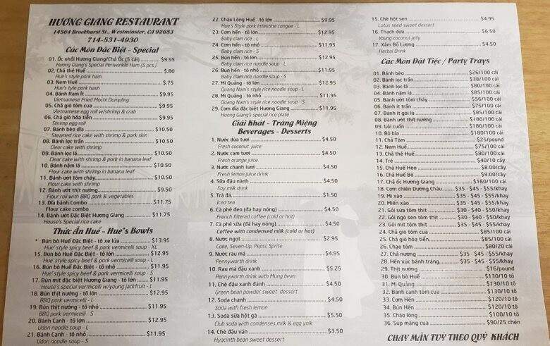 Huong Giang Restaurant - Westminster, CA menu_pic