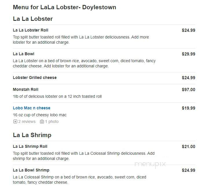 LaLa Lobster - Doylestown, PA menu_pic