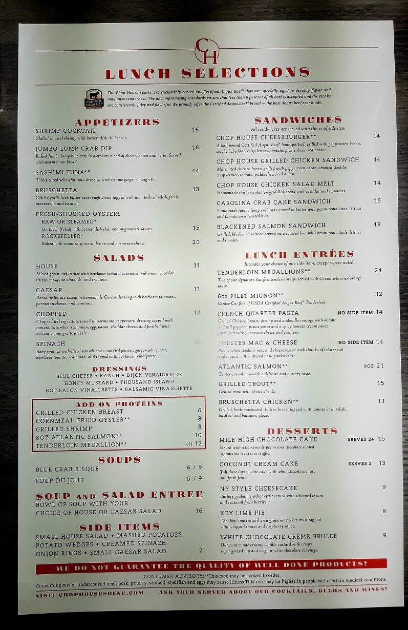 Chop House Grille - High Point, NC menu_pic
