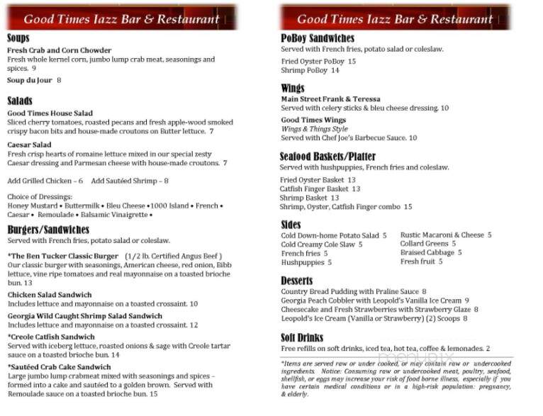 Good Times Jazz Bar & Restaurant - Savannah, GA menu_pic