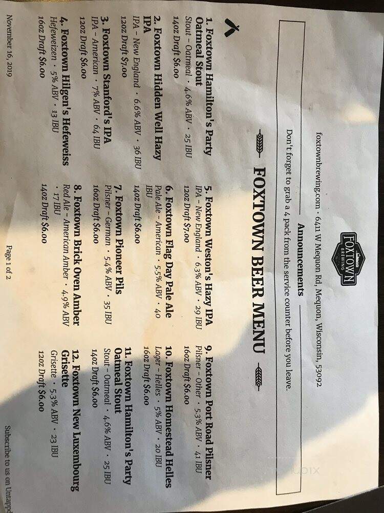 Foxtown Brewing - Mequon, WI menu_pic